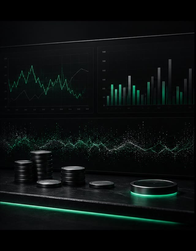Visual abstracto de métricas de anúncios e sinais incertos em preto, prata e verde