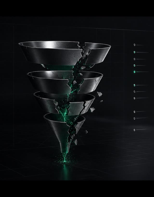 Visual abstracto de estrutura comercial sob pressão e fluxo de conversão quebrado